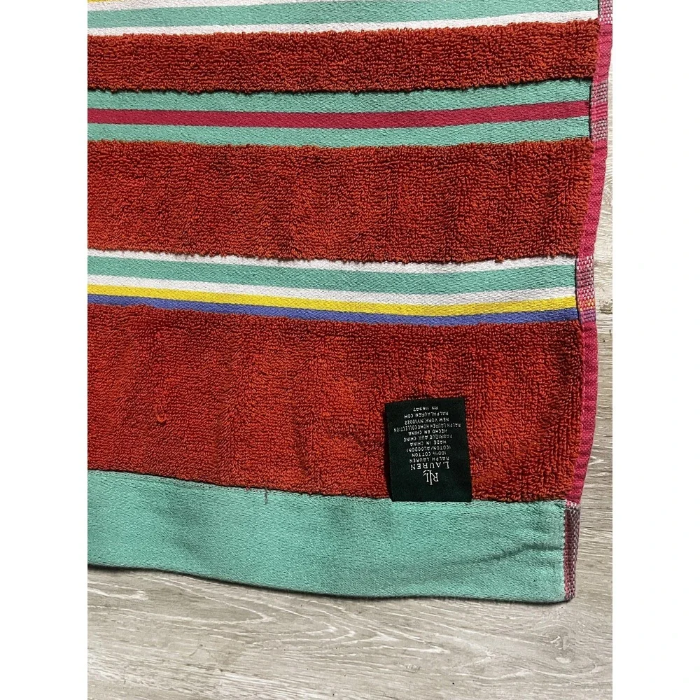 Vintage Ralph Lauren Beach Towel Striped Cotton‎ 62x36 Red Green Embroidered